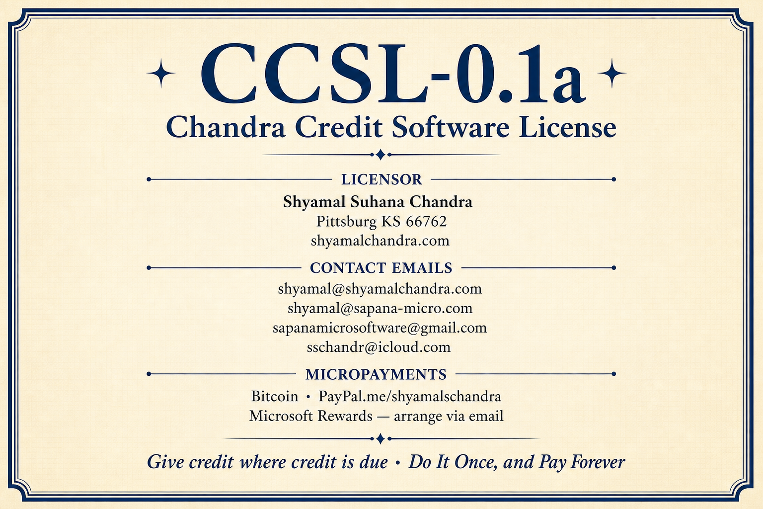 CCSL-0.1a Chandra Credit Software License certificate with contacts and micropayment channels