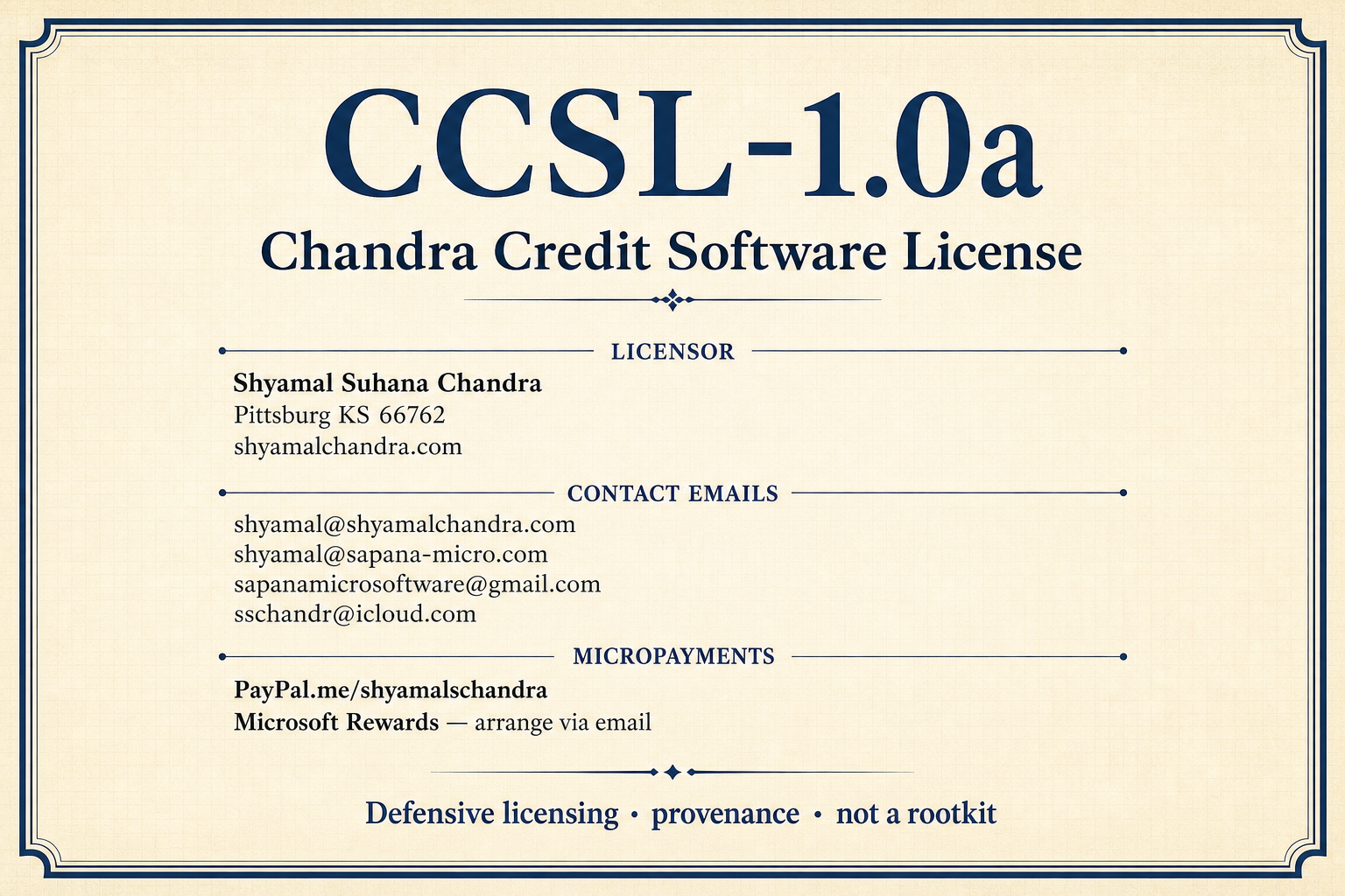 CCSL-1.0a Chandra Credit Software License certificate with contacts and micropayment channels